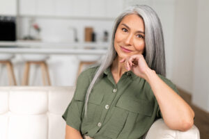 Beautiful woman with long gray hair